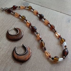 Brown Boho Stament Earrings Hoops & Brown  Beaded Necklace